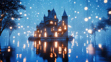 A captivating castle glimmers with lights, surrounded by still water reflecting a starry night, creating a magical and dreamlike atmosphere.の素材