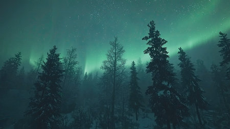 Discover the enchanting beauty of the northern lights illuminating a snowy pine forest, creating a breathtaking scene under a star-filled night sky.の素材