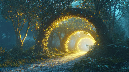 A mesmerizing pathway in a mystical forest, illuminated by glowing orbs. Lush trees line the trail, creating an enchanting atmosphere perfect for exploration.の素材