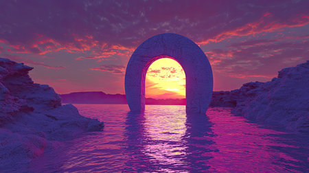 A stunning sunset viewed through a unique stone arch, casting vibrant pink and purple hues over calm water, creating a tranquil and scenic atmosphere.の素材