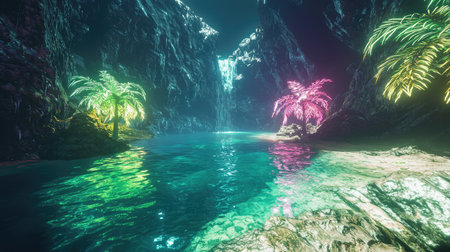 Explore a vibrant cave oasis featuring a stunning waterfall and luminous palm trees. This enchanting scene captures nature's beauty and tranquility.の素材