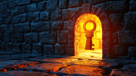 A glowing key positioned in a stone archway creates an inviting aura of mystery and adventure. The blend of light and texture suggests secrets waiting to be discovered.の素材