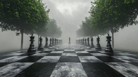 A surreal chessboard pathway emerges from a foggy landscape, flanked by lush green trees, creating an atmosphere of mystery and strategic contemplation.の素材