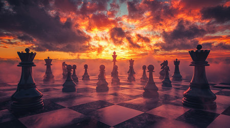 A mesmerizing chess board set against a breathtaking sunset, with clouds casting vibrant colors. This scene evokes strategy, creativity, and a sense of adventure.の素材