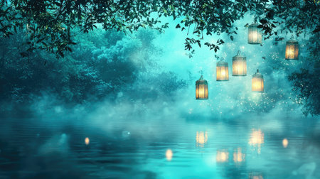 A captivating scene showcasing lanterns gracefully hanging over a misty lake, creating a magical ambiance amidst the surrounding greenery and fog.の素材