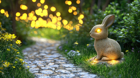 This enchanting image features a glowing rabbit sculpture placed along a garden pathway adorned with vibrant flowers, creating a magical atmosphere.の素材