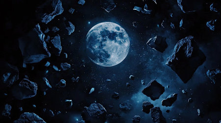 A captivating view of a mystical moon enveloped by floating asteroids in a deep space atmosphere. This image offers a serene and enigmatic glimpse into the universe.の素材