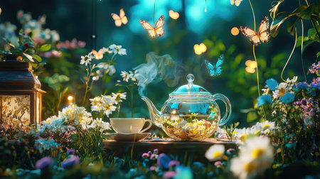 A picturesque scene featuring a glass teapot releasing steam, nestled among vibrant flowers and fluttering butterflies. Ideal for serene, nature-themed imagery.の素材