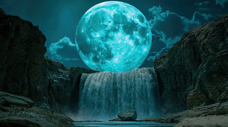 A surreal scene featuring a cascading waterfall illuminated by a luminous blue moon, creating a magical atmosphere amidst the tranquil wilderness landscape.の素材