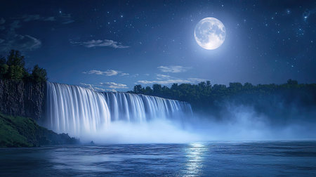 A breathtaking scene of a waterfall illuminated by a full moon, surrounded by a starry sky. The tranquil mist and serene waters create a magical atmosphere for nature lovers.の素材