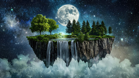 A captivating floating island features lush trees and cascading waterfalls under a full moon in a vibrant starry night sky, evoking a sense of magic and tranquility.の素材