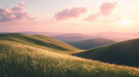 Experience the tranquility of a serene landscape, featuring rolling hills bathed in the soft golden light of sunset, with vibrant clouds enhancing the peaceful ambiance.の素材