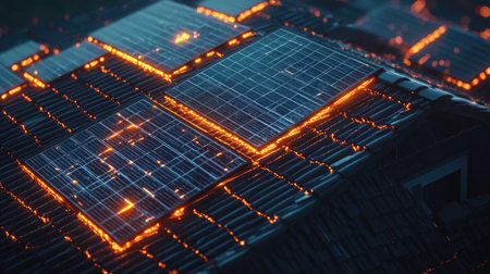 A captivating view of solar panels installed on a rooftop, radiating a warm glow at night, showcasing the blend of technology and sustainability in urban energy solutions.の素材