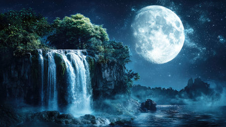 Captivating night scene featuring a stunning waterfall under a bright moon, surrounded by a starry sky. Perfect for evoking tranquility and beauty.の素材