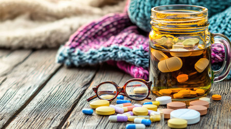 A glass jar filled with various colored pills sits on a rustic wooden table, surrounded by additional tablets and a pair of glasses. This scene evokes a sense of health and wellness.の素材
