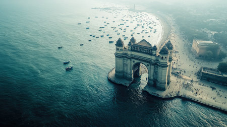 An impressive aerial view of the Gateway of India, surrounded by a bustling waterfront with boats and fishermen, capturing the essence of Mumbai's vibrant culture.の素材