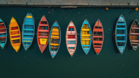 Vibrant rowboats are arranged in a colorful display on peaceful water at dusk. The scene captures the beauty of leisure and nature, inviting exploration.の素材