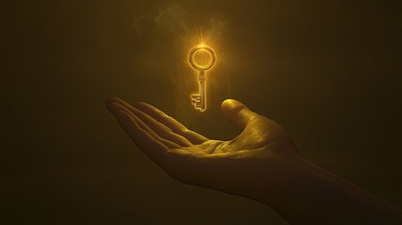 A golden key floats gracefully above an open hand, surrounded by a mystical glow. This captivating image symbolizes opportunity, potential, and inspiration.の素材