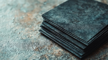 A collection of dark textured papers stacked neatly on a rustic surface, ideal for various creative projects and artistic applications. Perfect for visual storytelling.の素材