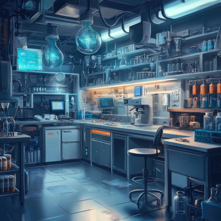 A modern laboratory featuring advanced scientific equipment and a clean workspace, illuminated by ambient lighting. Ideal for research and experimentation.の素材