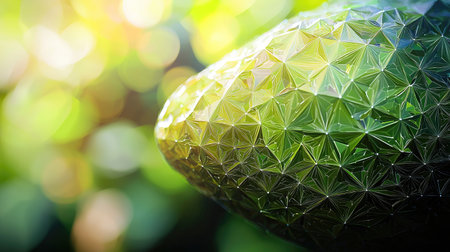 This close-up image features a geometric green surface illuminated by soft bokeh lights, creating an enchanting and vibrant visual experience.の素材