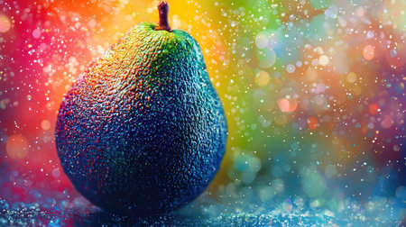 A single avocado displays vibrant colors against a sparkling, rainbow-hued background. This image captures the essence of freshness and artistry in food.の素材