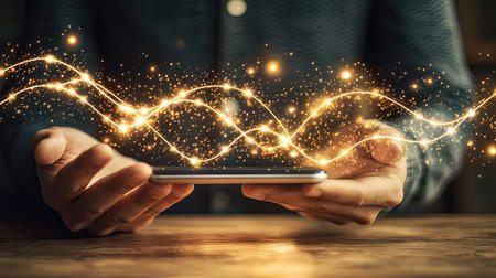 A pair of hands gently holding a smartphone emanates magical light and sparkling effects, symbolizing innovation and modern technology's creativity.の素材