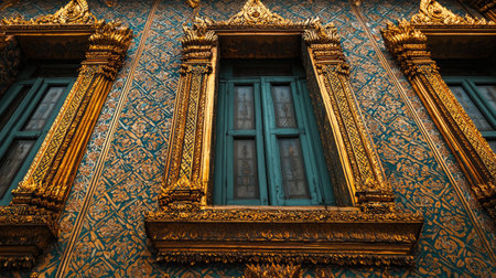 This image showcases a close-up view of ornate golden windows against a vibrant blue wall, highlighting intricate patterns and detailed craftsmanship in traditional architecture.の素材
