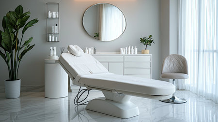 A serene spa interior featuring a massage table, sleek decor, and natural light. The space promotes relaxation and wellness, perfect for beauty treatments.の素材