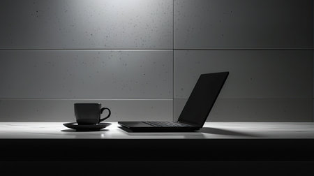 A minimalist workspace featuring a laptop and a coffee cup on a sleek table. Soft light casts gentle shadows, creating a tranquil and modern atmosphere perfect for productivity.の素材