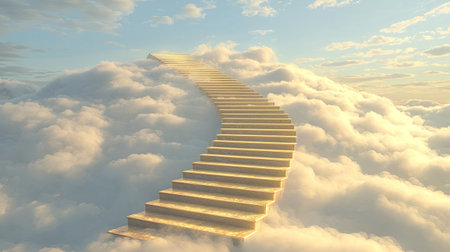 A stunning golden staircase ascends into a bright sky, surrounded by soft white clouds, creating a serene and ethereal atmosphere of transcendence and peace.の素材