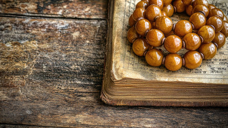 A close-up view of wooden prayer beads placed on an open vintage book. The rustic background adds warmth and depth, creating a serene atmosphere.の素材