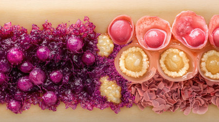 A stunning arrangement of unique edible ingredients showcases vibrant colors and intricate textures, perfect for gourmet culinary presentations and food styling.の素材