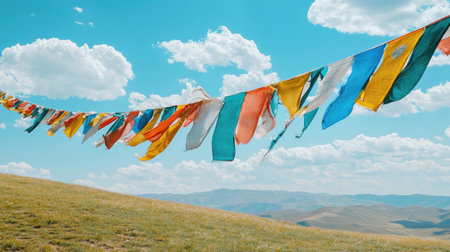 Colorful prayer flags flutter in the wind against a bright blue sky, creating a serene atmosphere in a beautiful landscape filled with nature's wonders.の素材