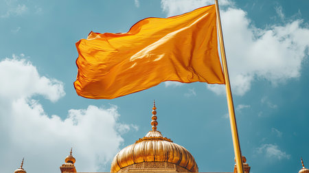 A vibrant yellow flag flutters majestically against a blue sky, complemented by the ornate golden dome of a sacred structure, embodying cultural significance.の素材