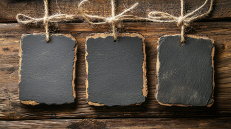 Three rustic slate tags hang from twine on a wooden surface, perfect for labeling, crafting, or decorative signage in various settings.の素材