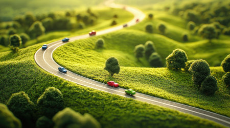 A stunning view of a curvy road surrounded by vibrant green hills and colorful cars. This image captures the essence of travel and adventure in nature.の素材