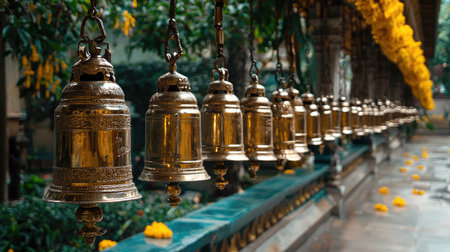 A stunning display of ornate bronze bells hanging in a serene outdoor setting, surrounded by lush greenery and vibrant yellow flowers, inviting tranquility.の素材