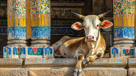 A tranquil scene featuring a cow resting on an ancient stone structure, surrounded by colorful columns that reflect traditional Indian artistry, showcasing rural heritage.の素材