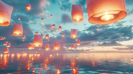 A stunning scene of floating lanterns illuminating the calm water at sunset, with a dramatic sky overhead. The serene atmosphere evokes peace and beauty.の素材