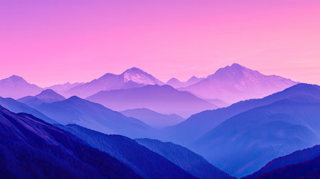 A stunning mountain landscape featuring deep purple hues at dusk. The serene scene showcases diverse elevations and tranquil valleys under a colorful sky.の素材
