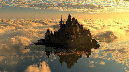 A breathtaking fantasy castle floats above soft clouds at sunset, reflecting warm golden hues. This dreamy scene evokes magic and tranquility in nature.の素材