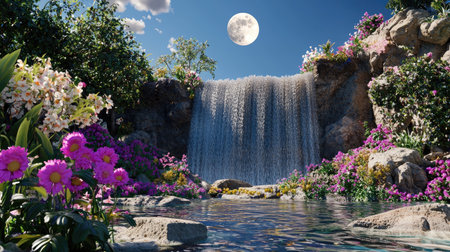 Discover a stunning waterfall surrounded by colorful flowers under a bright full moon. This tranquil scene evokes serenity and natural beauty.の素材