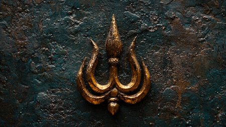 Beautiful golden trident symbol showcased on a textured blue and bronze background, highlighting artistic craftsmanship and cultural significance. Perfect for decorative use.の素材