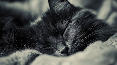 A soft-focused image capturing a sleeping black cat nestled in gentle textures. The serene mood evokes feelings of peace and warmth. Ideal for pet lovers.の素材