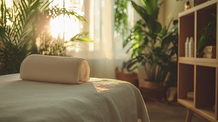 A serene spa setting featuring a neatly rolled towel on a treatment table, bathed in warm morning sunlight, surrounded by lush greenery for a tranquil experience.の素材
