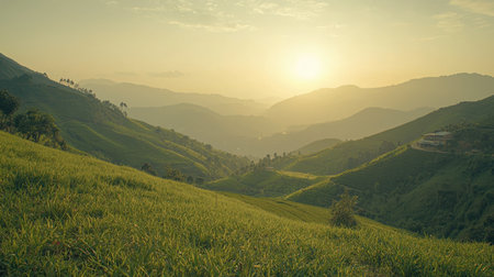 A peaceful landscape featuring lush green tea plantations on rolling hills during sunset. Soft golden light bathes the mountains, creating a serene atmosphere.の素材