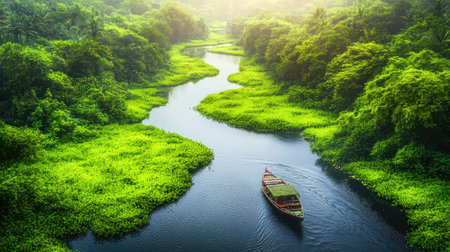 A picturesque view of a boat gliding through a lush green waterway, surrounded by rich foliage and bathed in soft sunlight, creating a tranquil escape into nature.の素材