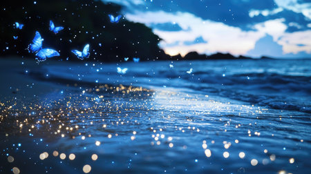 A breathtaking scene featuring magical blue butterflies fluttering gracefully over a tranquil beach at twilight, creating a serene and enchanting atmosphere.の素材