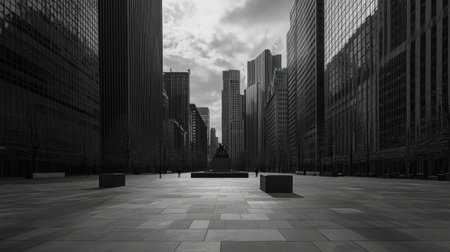 A serene urban scene showcasing modern architecture under dark ominous skies. The image captures a peaceful atmosphere in a city landscape.の素材